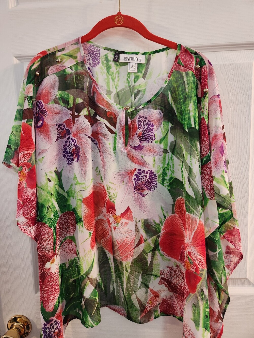 Jennifer Lopez Floral Sheer Tunic - Red, Green & Purple, sz XL